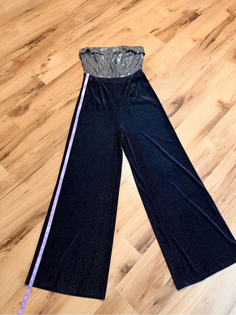 entro Metallic Strapless Bodice Wide-Leg Jumpsuit - Black & Silver